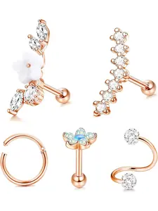 5 Pcs Rose Golden Cartilage Earrings Stainless Steel Hoop Earrings for Women Men Shining Zirconia Helix Piercing, Helix Pierced Ring Tiny Stud Earrings Set Tragus Nose Lip Circle Earrings CZ Barbell Ear Cartilage Piercing Jewelry Set