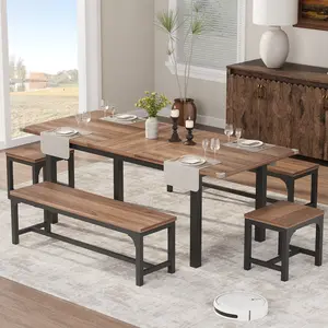 47.3''-63'' Extendable Rectangular Dining Table for 6, Modern Farmhouse Large Kitchen Table with Metal Legs, Space-Saving Dining Room Furniture for Apartments, Small Spaces