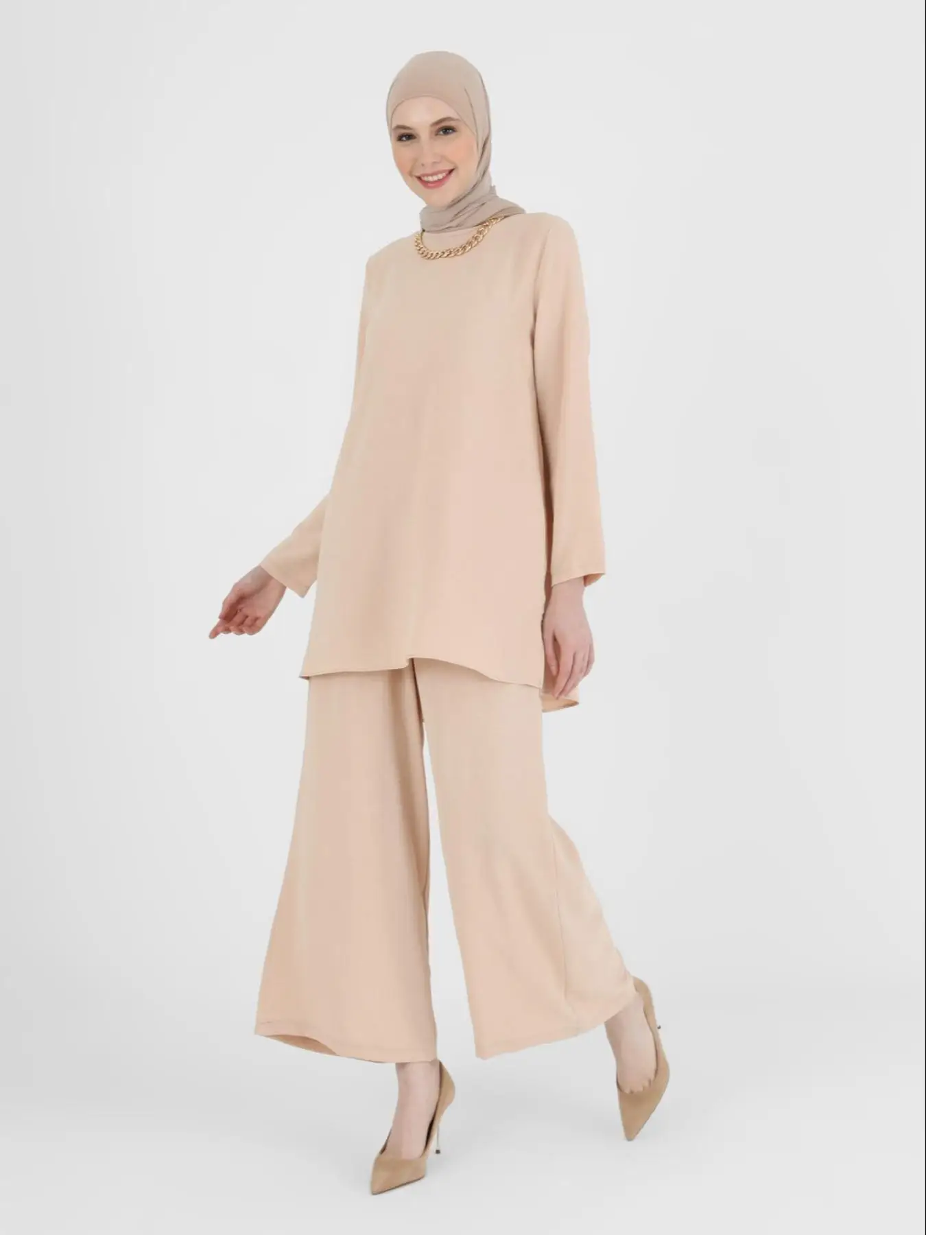 Two-Piece Set Women's Plain Co-ords Set, Long Sleeve Blouse Top & Wide Leg Pants, Arabian Outfits Muslim Clothes Set for Spring & Fall, 2024 Ladies Co