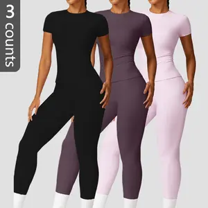 Two Piece Women's Solid Colour Crew Neck Short Sleeve T-Shirt and High Waisted Sweatpants Set,Breathable and Quick Drying Short Sleeve T-Shirt and Leggings,Yoga Fitness Running Workout Clothes,Women's Workout Clothes,workout sets for women