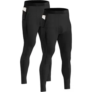 Men's Compression Pants with Pocket Athletic Running Tight Phone Pockets Leggings Workout Base Layer Underpants