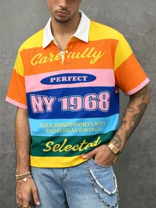 90s Retro Color Block Striped Polo Shirt Men, Y2K Vintage NY 1968 Graphic Short Sleeve Top, Rainbow Multicolor Stripe Casual Summer Outfit For Vacation Beach Street Daily Wear #springsaledeals2026 #summeroutfits #tiktokshopmademebuyit #retrostreetwear
