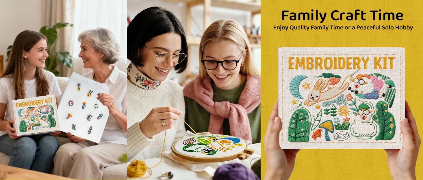 Complete Embroidery Kit for Beginners & Adults with Printed Water-Soluble Patterns, Threads, Fabric, Tools & Video Tutorials, Easy DIY Craft Kit for Learning Stitches, Accessories & Handmade Gifts