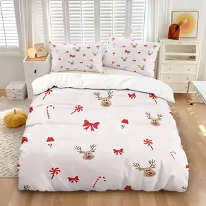 Merry Christmas Decorative Duvet Cover Set with Reindeer Snowman Candy Cane Pattern,Includes 1 Quilt Cover and 1/2 Pillowcases,Soft Fabric for Comfortable Sleep,Perfect Christmas and Winter Decor Gift