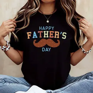 Happy Fathers Day Mustache Print T Shirt White Casual Loose Fit For Everyday Wear And Sports Activities