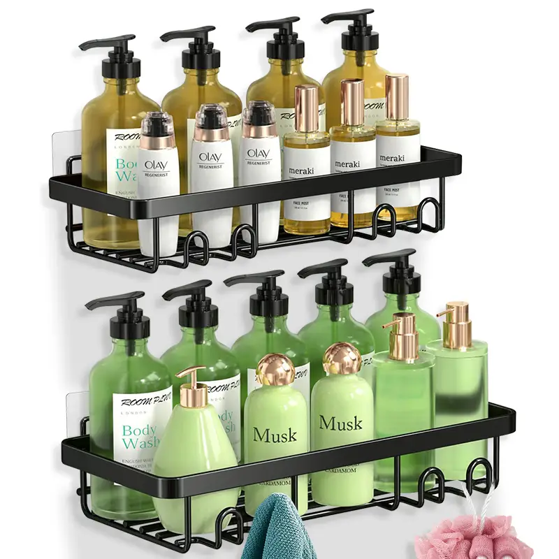 Shower Caddy Shelf Organizer Rack, Self Adhesive Black Bathroom Shelves Basket, Home Farmhouse Wall Shower Inside Organization and Storage Decor, Home