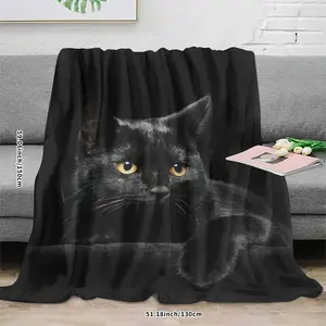 Black Cat Pattern Blanket, Soft Throw Blanket, Air-conditioned Room Blanket, Warm Nap Blanket for Home & Office, Gift for Cat Lovers