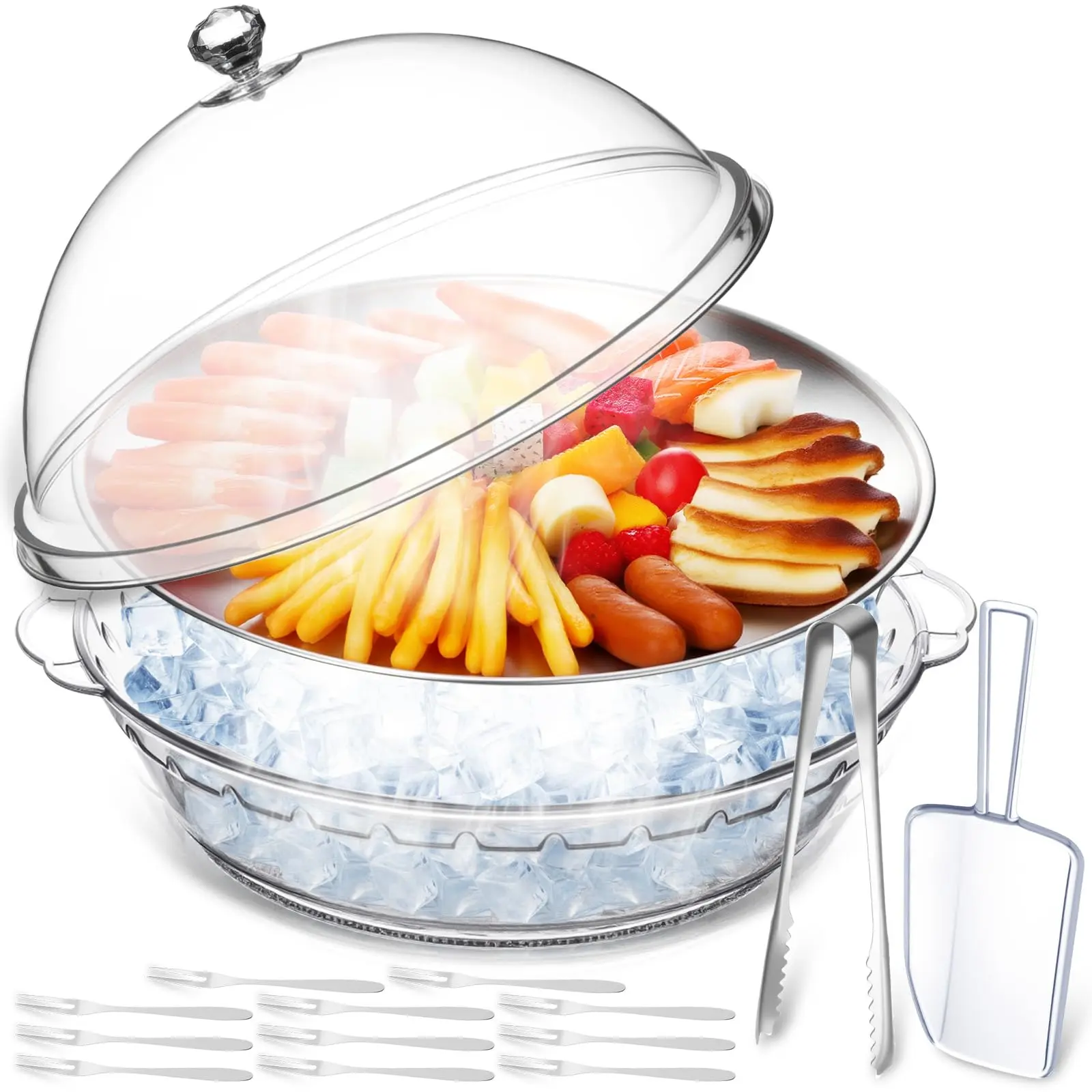 11.8" Chilled Serving Tray For Parties With Compartments And Lid Ice Party Platter Charcuterie Board Cold Dish Dip Fruit Seafood Vegetable Shrimp Cocktail(silver 1 Pcs)