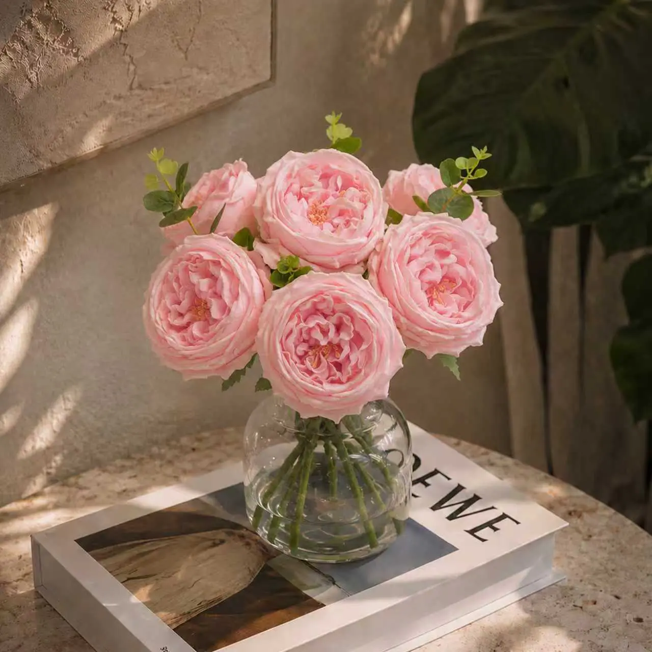 Faux Pink Peony & Rose Flowers in Glass Vase with Faux Water, Real Touch Silk Floral Arrangement, Lifelike Artificial Flower Centerpiece for Dining Table, Coffee Table, Home & Event Decor
