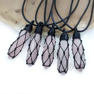Natural Stone Crystal Stone Net Pocket Woven Necklace Pendant Clavicle Chain Telescopic Leather Rope Adjustable Net Pocket Rope
