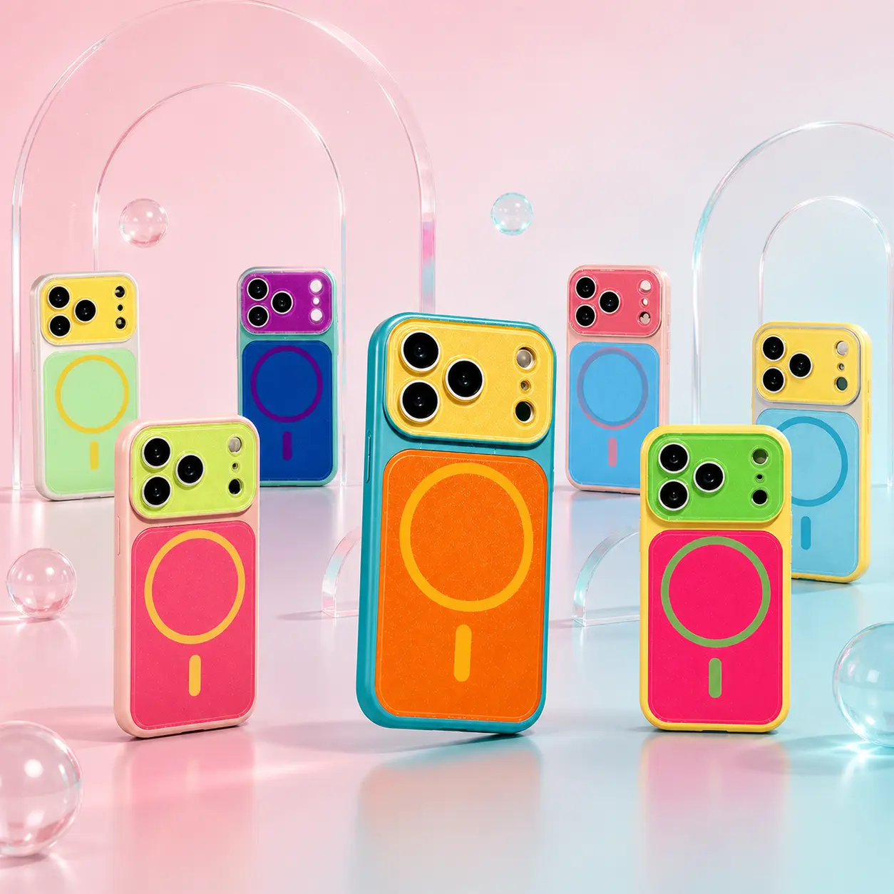 HISTORYOO For MagSafe Contrast Block Color for iPhone 17 Pro Max 16 15 Pro 14 Magnetic wireless charging Case Summer Dopamine Macaron Candy Large window lens No paint peeling off Wear-resistant Shockproof Cute Aesthetic Colorful Soft TPU + Acrylic Cover