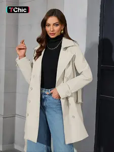 Women's Spring Windbreaker Jacket, Mid-Length Casual Commuter Coat, Long Sleeve Fitted Design with Pockets, Includes Belt, All Seasons