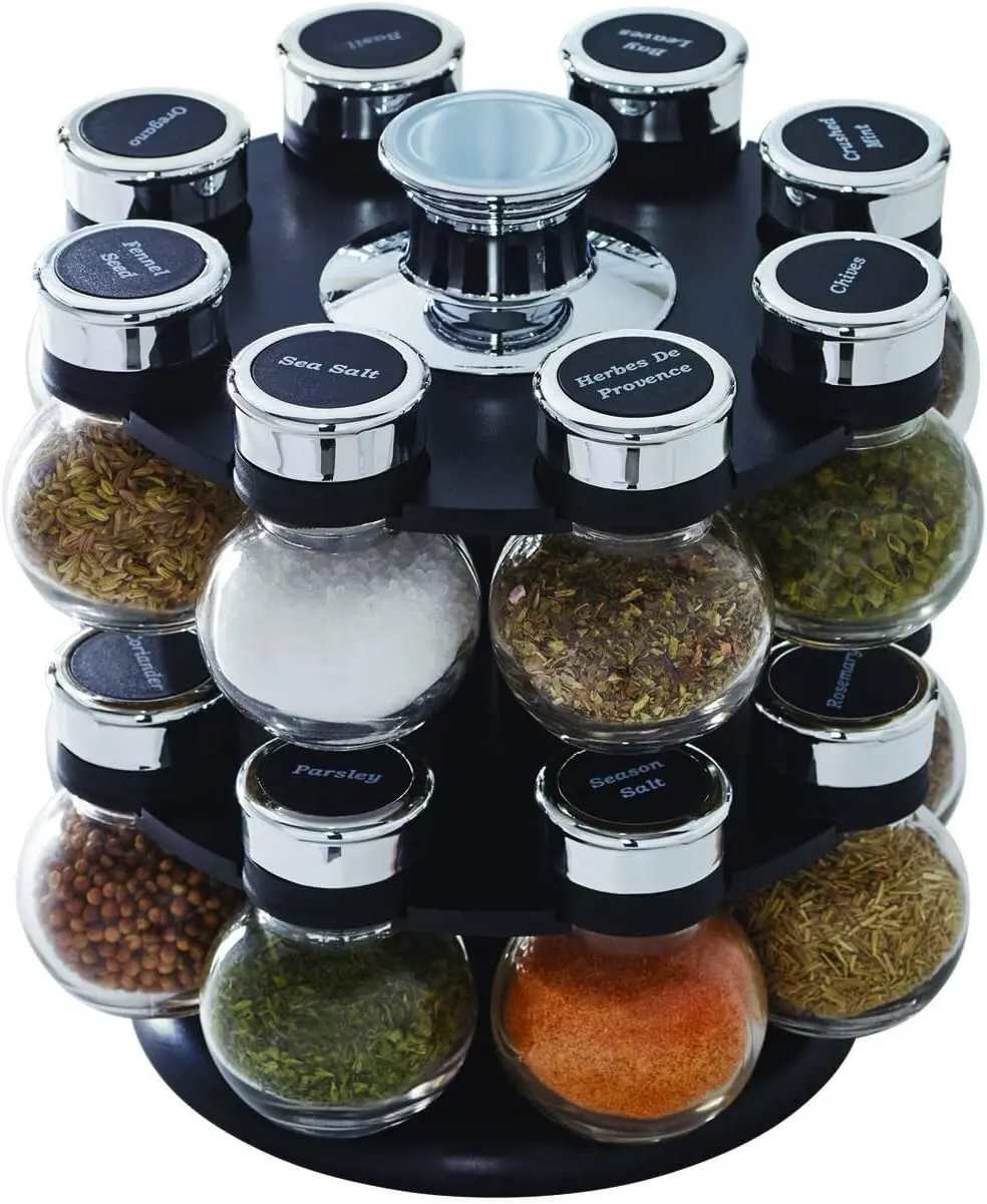16 Jar Ellington Revolving Countertop Spice Rack with Lift & Pour Caps and Spices Included, FREE Spice Refills for 5 Years: Black and Chrome Kitchen Set