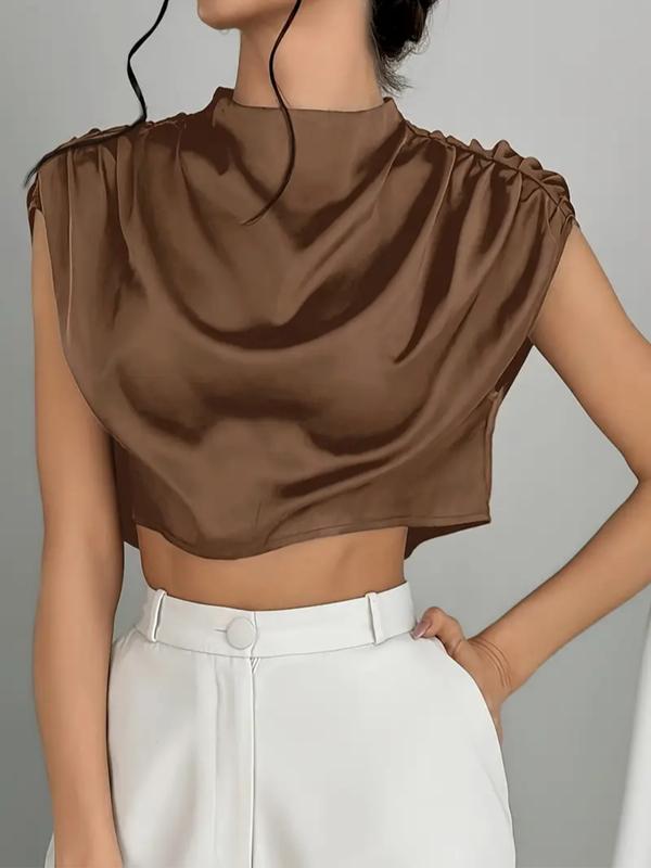 Women's Plain Satin Crop Blouse, Casual Mock Neck Top for Summer, Women's Clothing for Daily Wear