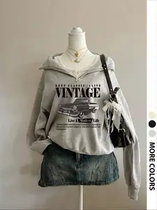 Women's Half-Zip Graphic Sweatshirt Hoodie, Casual Long Sleeve Loose Fit Top, Ideal for Spring & Fall, Comfortable Street Style Clothing