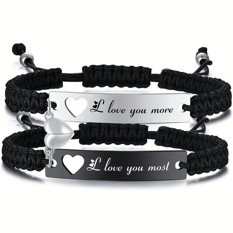 U Glow Jewelry Romantic Couple Bracelet Set, Engraved Love You More Love You Most, Adjustable Braided Rope, Anniversary & Valentine’s Day Gift
