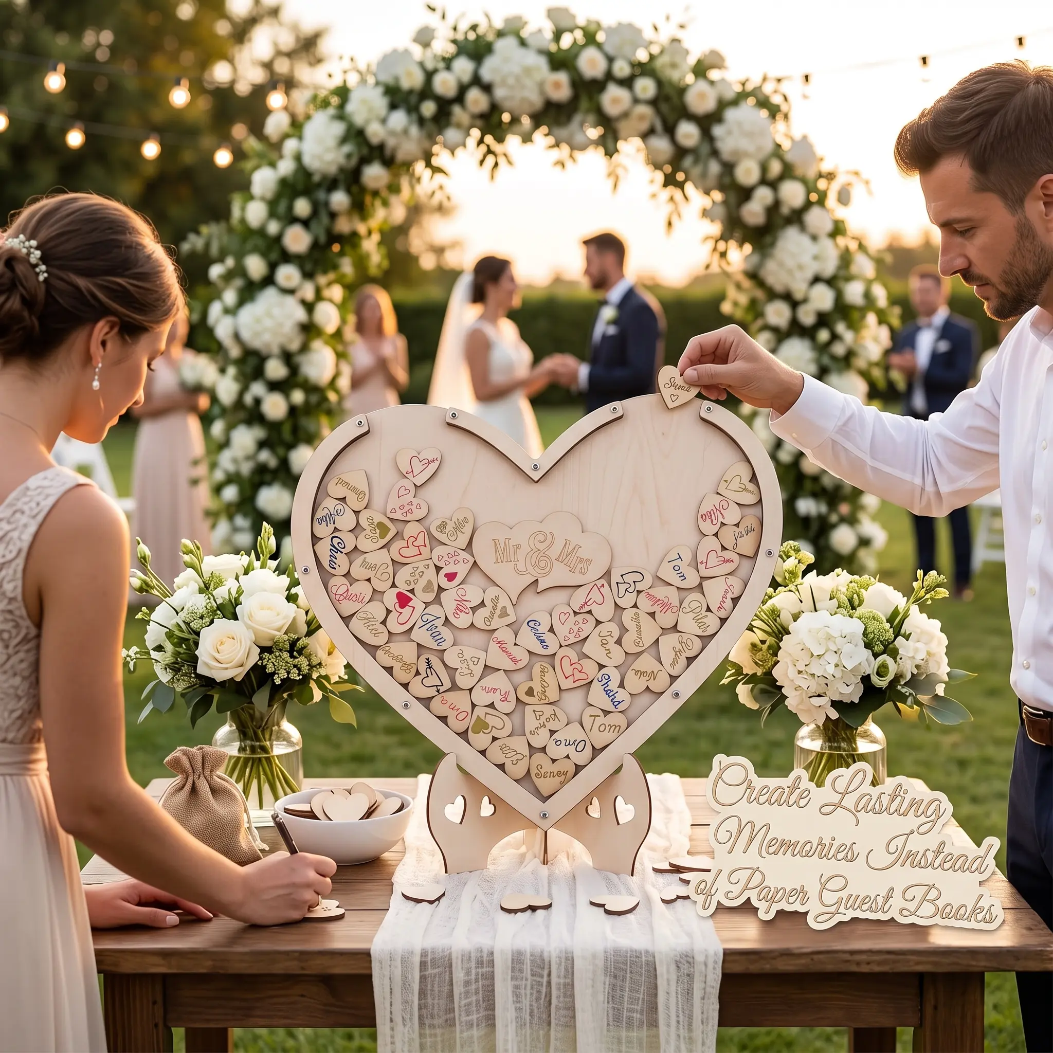 Wedding Guest Book Alternative with 105 Wooden Hearts, Wooden Heart Guest Book Drop Box Frame, Rustic Wedding Reception Sign In Book for Wedding, Anniversary, Bridal Shower, Birthday Decorations