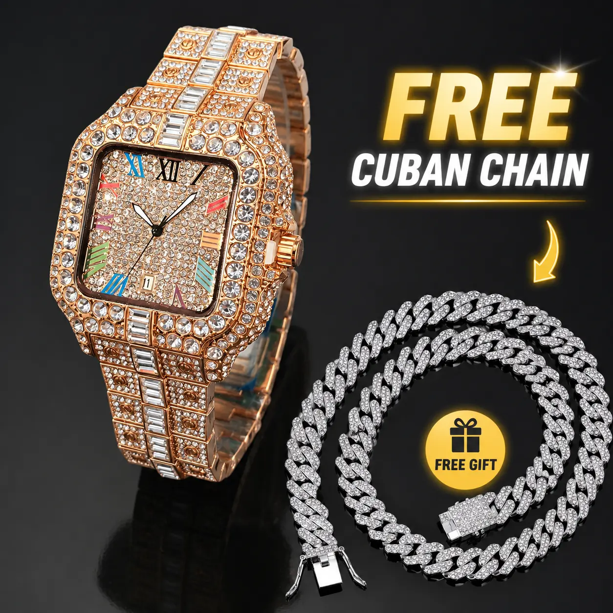 Men's Hip Hop Wristwatch, Modern Fashionable Analog Watch with Rhinestone Diamond Square Dial and Alloy Frame, Includes Free Cuban Chain, Analog Quartz Movement, Free Chain Gift, Modern Fashionable Wristwatch