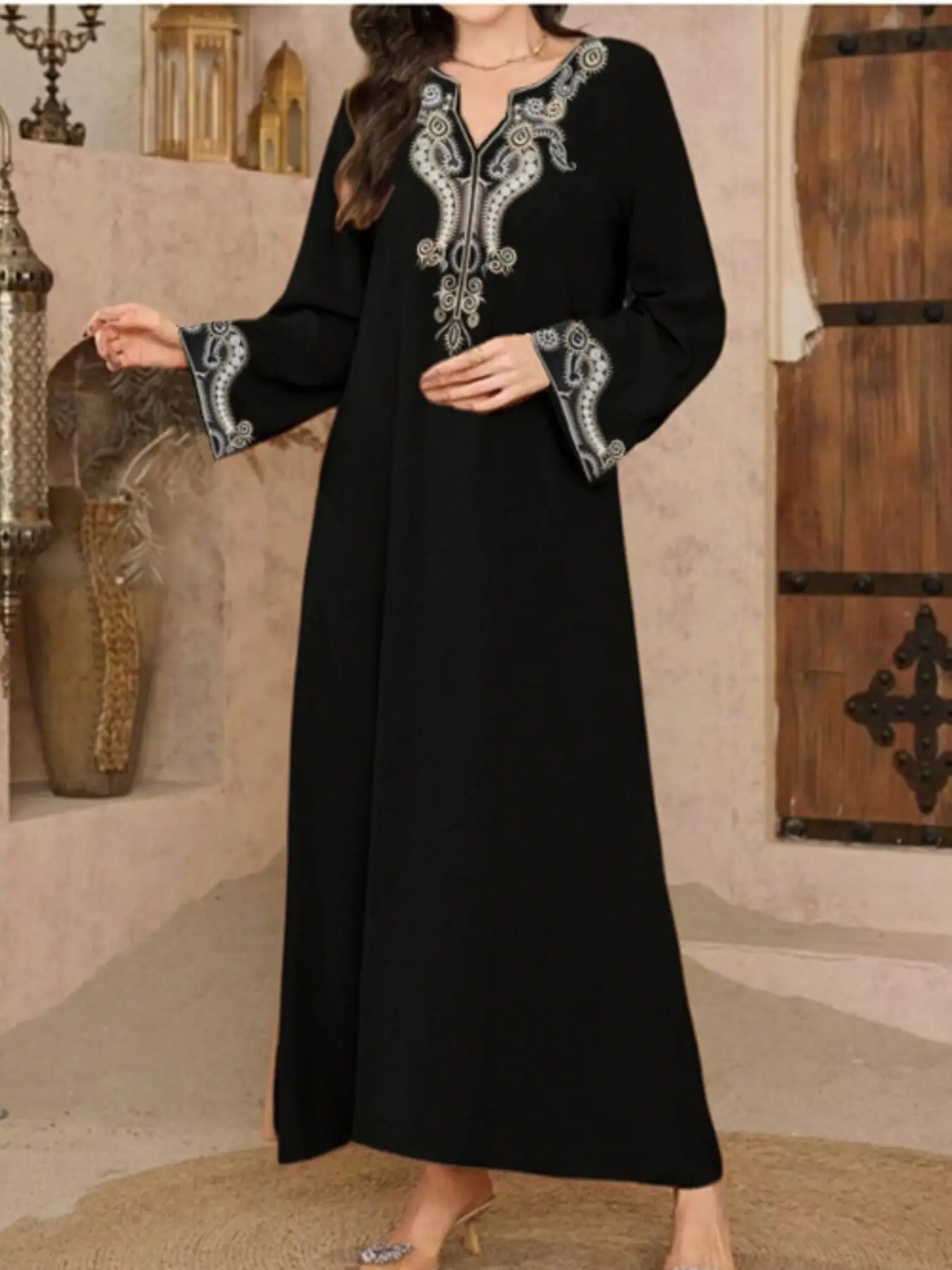 Women's Embroidery Long Sleeve Dress, Modest Long Dress for Holiday Vacation Daily Wear, Ladies Islamic Clothing for All Seasons