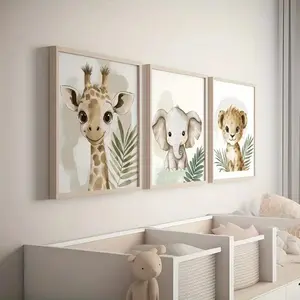 3pcs Kids Cartoon Animal Lion Giraffe Elephant Canvas Wall Art, Unframed Poster for Nursery & Kindergarten Decoration