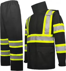 Hi-Vis Safety Rain Jacket and Pants for Men Waterproof Rain Gears, High Visibility Rain Suit with Inner Mesh Lining and Pockets, Fishing Rain Gear Workwear (black, L)