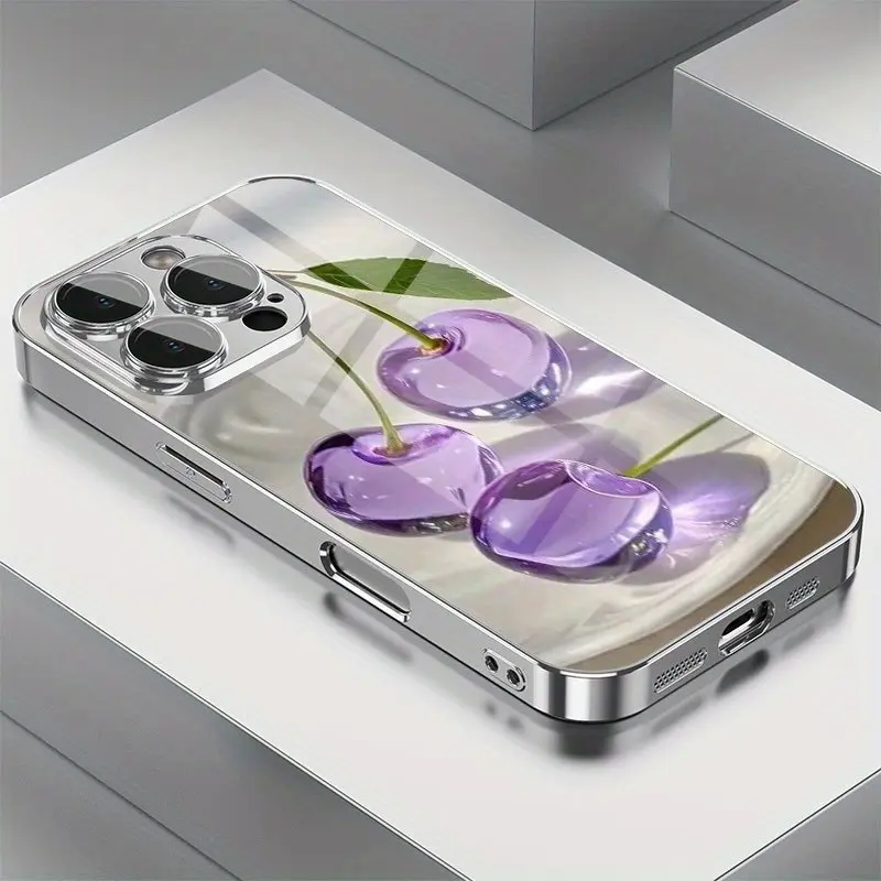 Creative Purple Crystal Cherry Design Pattern Electroplated Glass Phone Case,for iPhone 17 Pro Max Phone Case 17 Air 16E 16 Pro Max 15 Pro Max 15 Plus 14 Plus 13 12 11 Phone Cases