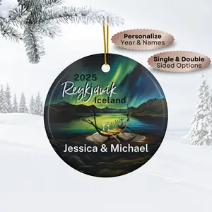 Rekyjavik Iceland Personalized Christmas Ornament | 2025 Personalized Gift, Vacation Memento or Travel Souvenir | Single-Sided or Double-Sided Ceramic Ornament | Unique Gift for Travel Lovers, Couples & Family | Featuring the Icelandic Northern Lights