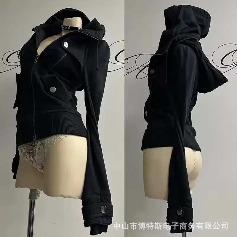 Black Hooded Jacket with Asymmetrical Design and Button Details for Women's Fashion