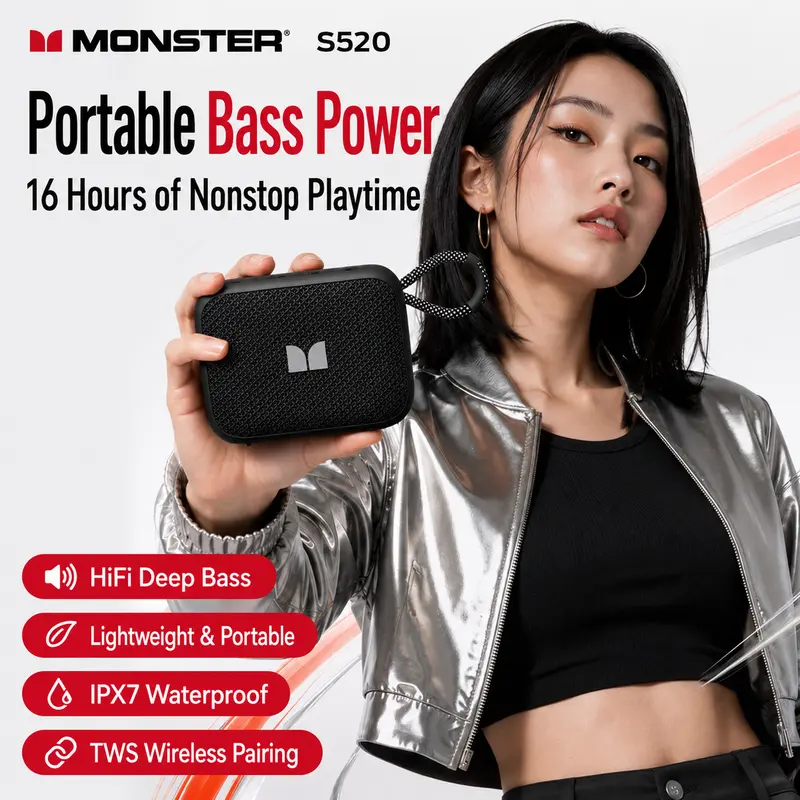 Monster S520 Compact Portable Wireless Bluetooth Speaker - Deep Bass Audio Device with IPX7 Waterproof, Bluetooth 6.0, 16H Playtime, TWS Stereo Pairing, Hands-Free Calls, Sound Upgrade for Beach, Camping (Audio, Mini Instant, Modern) Monster S520 Compact Portable Wireless Bluetooth Speaker - Deep Bass Audio Device with IPX7 Waterproof, Bluetooth 6.0, 16H Playtime, TWS Stereo Pairing, Hands-Free Calls, Sound Upgrade for Beach, Camping (Audio, Mini Instant, Modern)