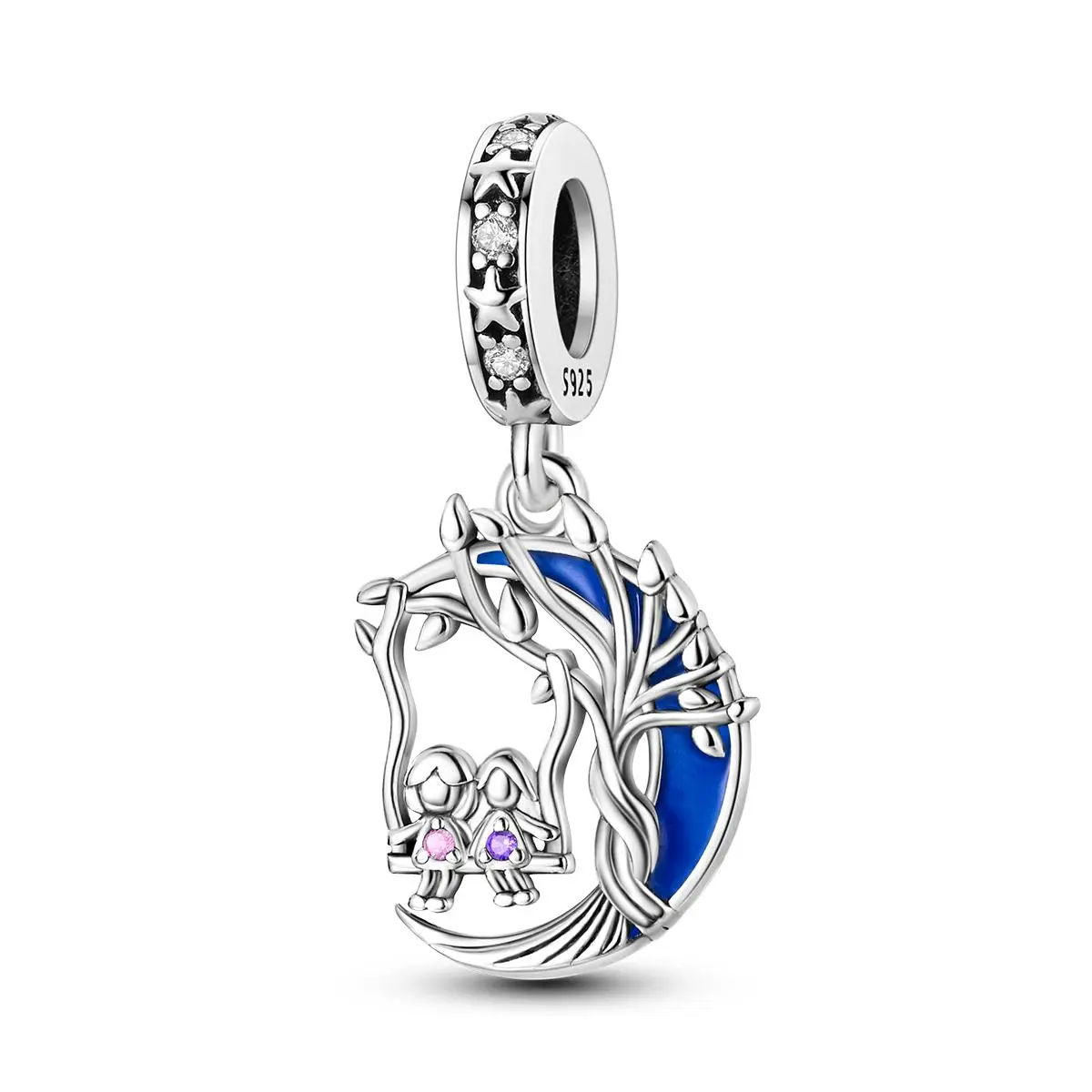 MULA 925 Silver Plated Sister Moon Tree Dangle Charm, Hand-Painted Blue Enamel and Sparkling CZ Pendant, Meaningful Sister Gift Symbolizing Love and Unity, Compatible with Pandora Bracelets and Necklaces