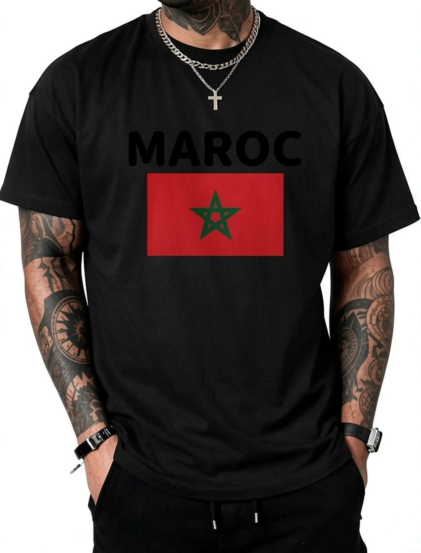Men's Graphic T-Shirt Vintage Morocco Flag Soccer Print 100% Cotton Casual Streetwear Short Sleeve Artwork Tee, Tshirt, Shortsleeve, Clothes