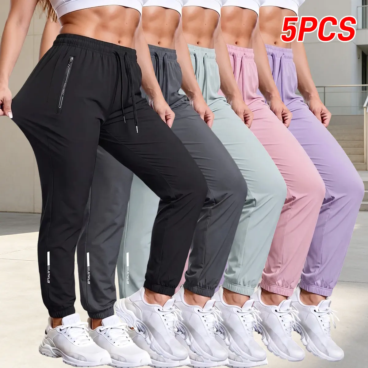 Women's Nylon Mid Waist Cargo Pants - Lightweight, Breathable Activewear/Sportswear with Elastic Drawstring Waist, Zippered Pockets for Spring-Summer-Autumn Outdoor Workouts, Casual Wear