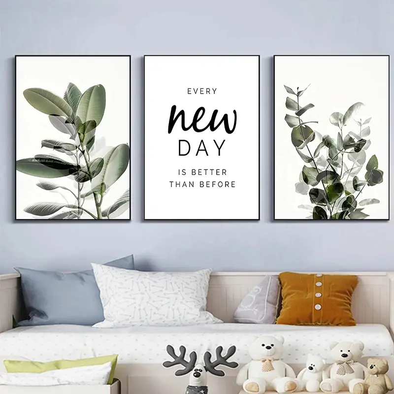 3pcs/set Frameless Green Plant Leaves Poster Print Eucalyptus Botanical Wall Art Canvas Painting Picture for Living Room Optimistic Quote Home Decoration Modern Home Decor