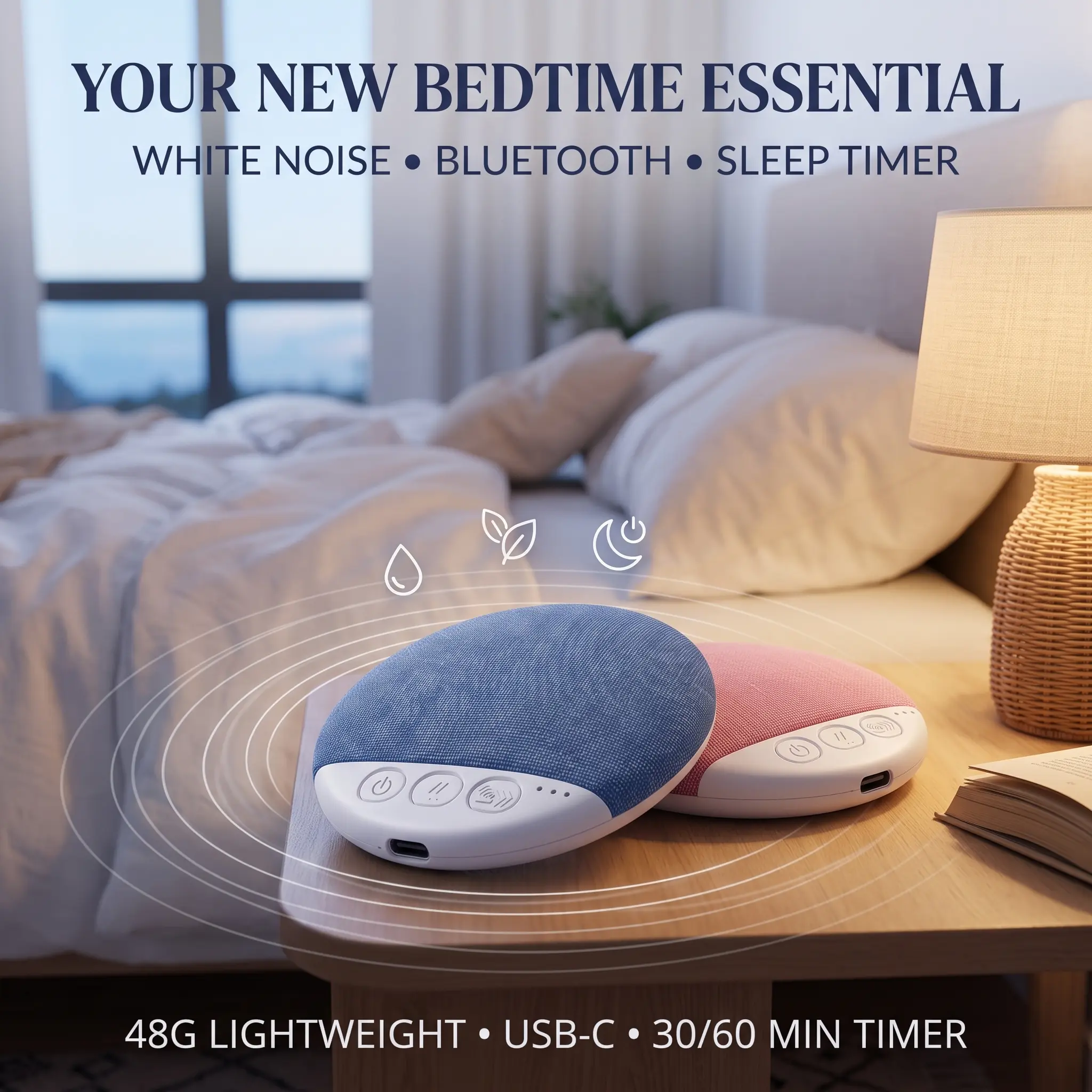 Portable White Noise Sleep Sound Machine with Bluetooth 5.4, 30/60 Min Timer, USB-C Rechargeable, Lightweight for Bedroom, Travel & Dorm