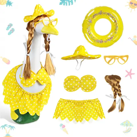 Hawaiian Porch Goose Outfit Set - 6-Piece 17-23in Tailored Beach Garden Decor Kit, Easy-Install with Inflatable Pool Float, Sun Hat, Classic Heart Sunglasses, Wig, Scalloped Skirt, Shabby Chic All-Season for Garden Statues (Goose Not Included)