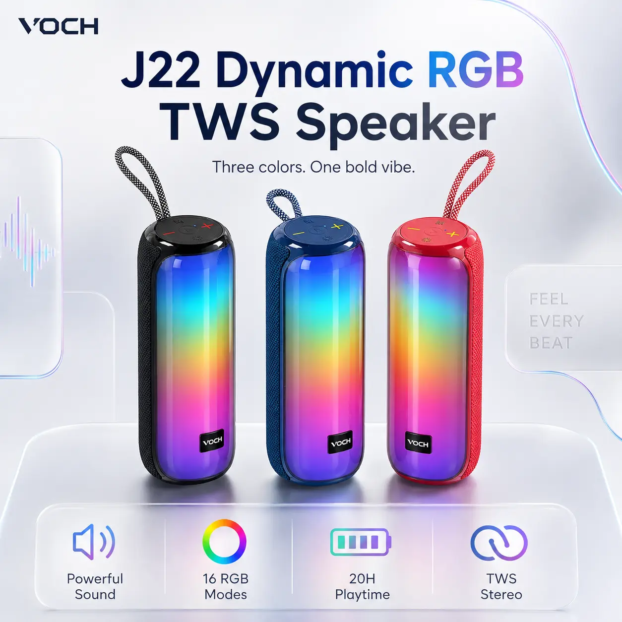 【Featured】Portable Bluetooth Speaker with TWS Stereo Pairing, Dynamic RGB Lights, HD Bass, 20H Playtime, 4000mAh Rechargeable Battery, Wireless Speaker with TF Card/USB/AUX/FM for Outdoor Party, Camping, Beach and Home, VOCH J22