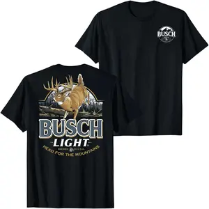 Busch Light Deer Hunting Graphic Black T-Shirt with Buck and Mountain Landscape Print, Rustic Outdoor Beer Style Streetwear Tee for Men Women Unisex Casual Summer Shirt