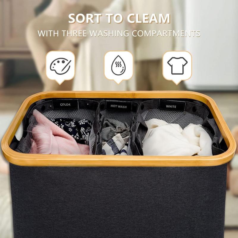 Extra Large 160L 3-Section Laundry Hamper with Lid & Sturdy Handle for Home Organization Dirty Clothes Basket with Three Sections