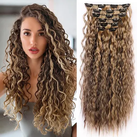 Women's 6PCS Clip-in Curly Wave Synthetic Hair Extensions - 24 In Heat-Resistant Fiber, 8/6/4in Mix Set, 8-in 1 Piece Clip on Hairpieces for Instant Length & Soft Natural Look