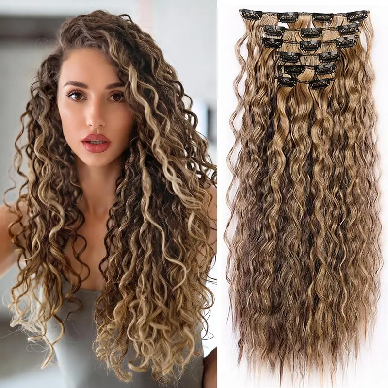 Women's 6PCS Clip-in Curly Wave Synthetic Hair Extensions - 24 In Heat-Resistant Fiber, 8/6/4in Mix Set, 8-in 1 Piece Clip on Hairpieces for Instant Length & Soft Natural Look