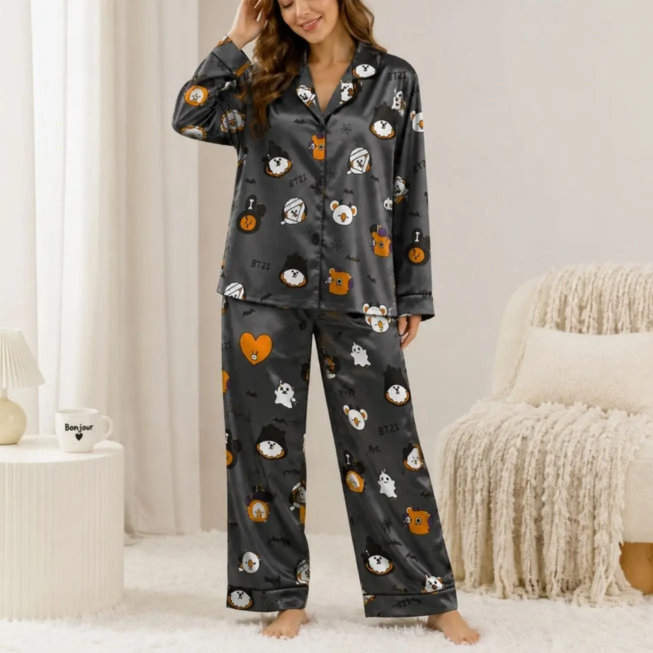 Women's Satin Pajama BT21 Cute Halloween Cartoon Print Long Sleeve Sleepwear