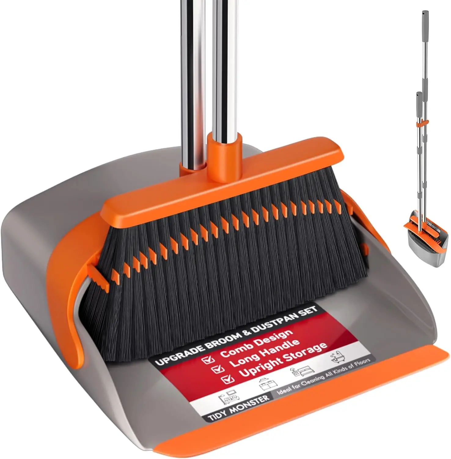 Broom and Dustpan Set,Large Upright Broom and Dustpan with 52inch Long Handle, Dustpan Teeth Have Self-Cleaning Function, Suitable for Indoor and Outdoor Use