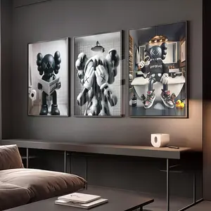 Hypebeast Kaws Sitting on Toilet Poster, Hypebeast Figure Print, Black Kaws Minimalist Decor, Printable Kaws Hypebeast Toy Art , Set of 3 , KAWS Poster