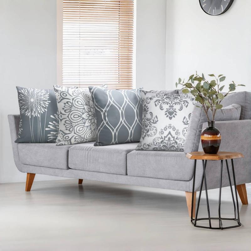 Modern Simple 8 Pack 2 Set Linen Throw Pillow Covers 18 X 18 Inch Geometric Print Gray White Line Pattern Square Cushions for Couch Patio Sofa Home Decor