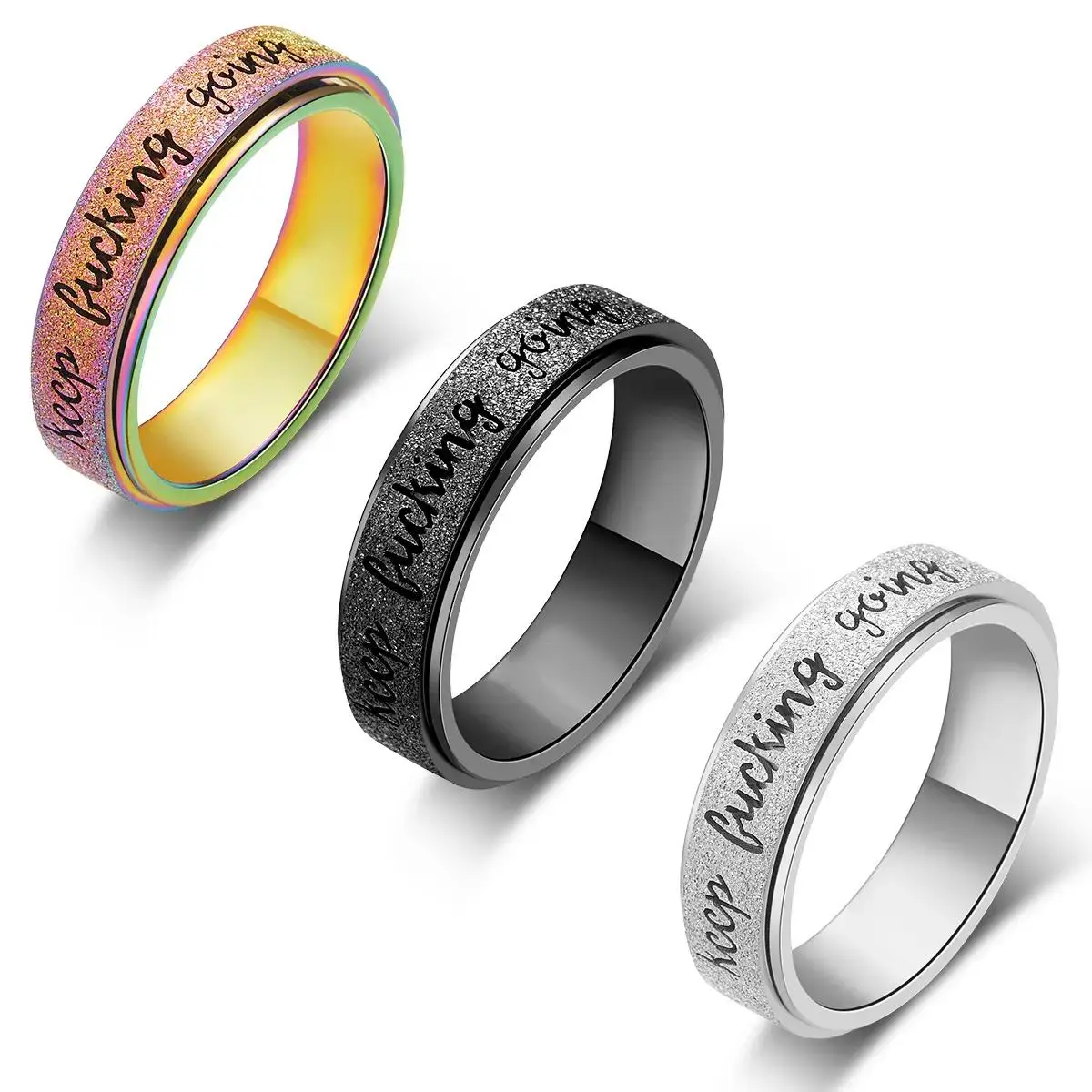 Stainless Steel Anti-Anxiety Rotating Ring Fidget Spinner “Keep Going” Anxiety Relief Rings for Adults — Stress & Focus Jewelry Gift for Women and Men