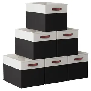 Foldable Linen Kallax Storage Cube Bin with Leather Handles – 13x15x13 Inch - Set of 6 White Black
