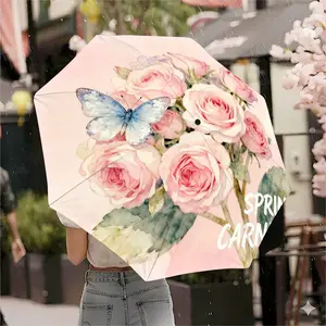 Elegant Rose Butterfly Umbrella, Automatic Open-Close Folding Design, UV Protection, Ideal for Women Outdoor Travel