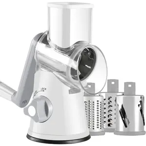 White Rotary Cheese Grater with Handle - Kitchen Utensils Hand Crank Slicer, 3 Replaceable Stainless Steel Drum Blades for Potatoes, Nuts