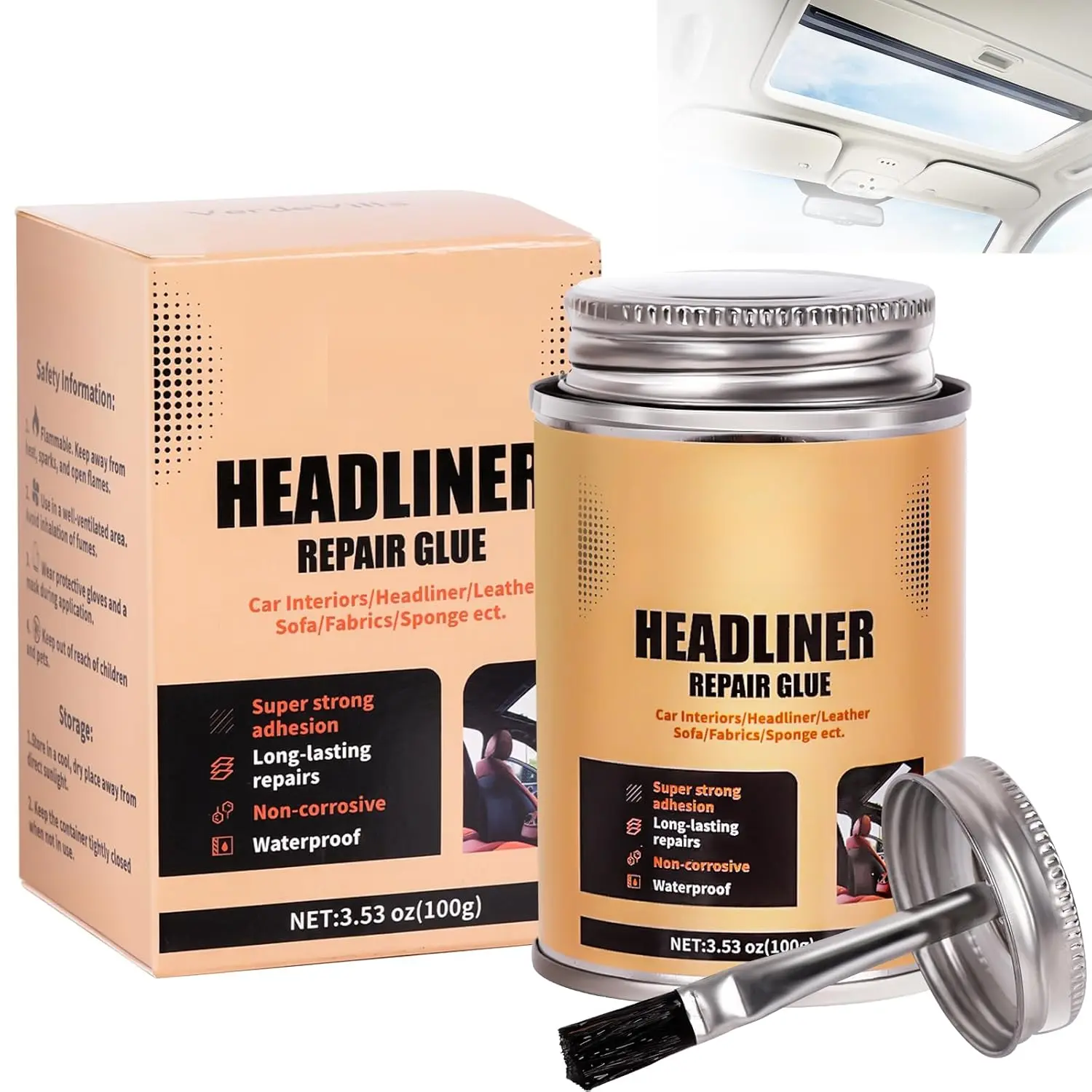 Headliner Repair Glue, Car Headliner Adhesive with Brush, Car Roof Liner Fabric Adhesive, Upholstery Glue for Cars,Headliner Repair Kit, Suitable for Automotive interiors, Fabric, Leather
