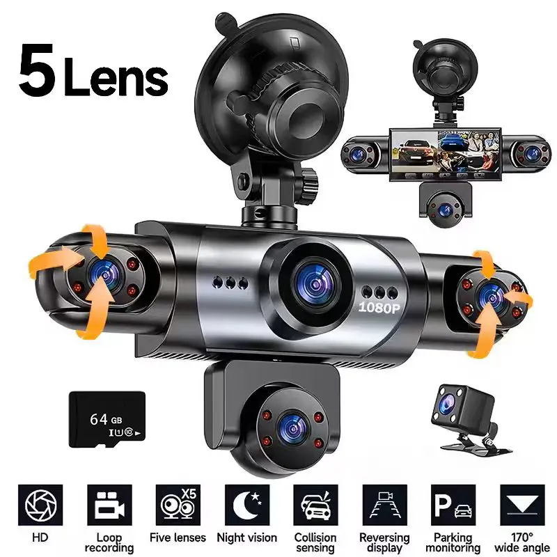 Wired 5-Camera Car Security Camera, HD 1080P Automotive Driving Recorder, Full Color Night Vision, 24H Parking Surveillance, Loop Recording, 64GB Card Included